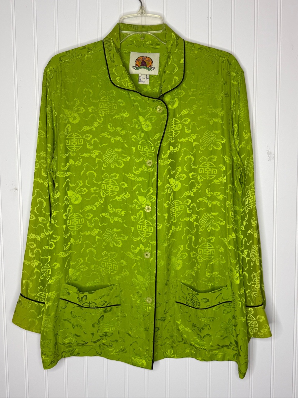 Shanghai Tang 100% Silk Long Sleeve Button Front Jacquard Top Size Large
